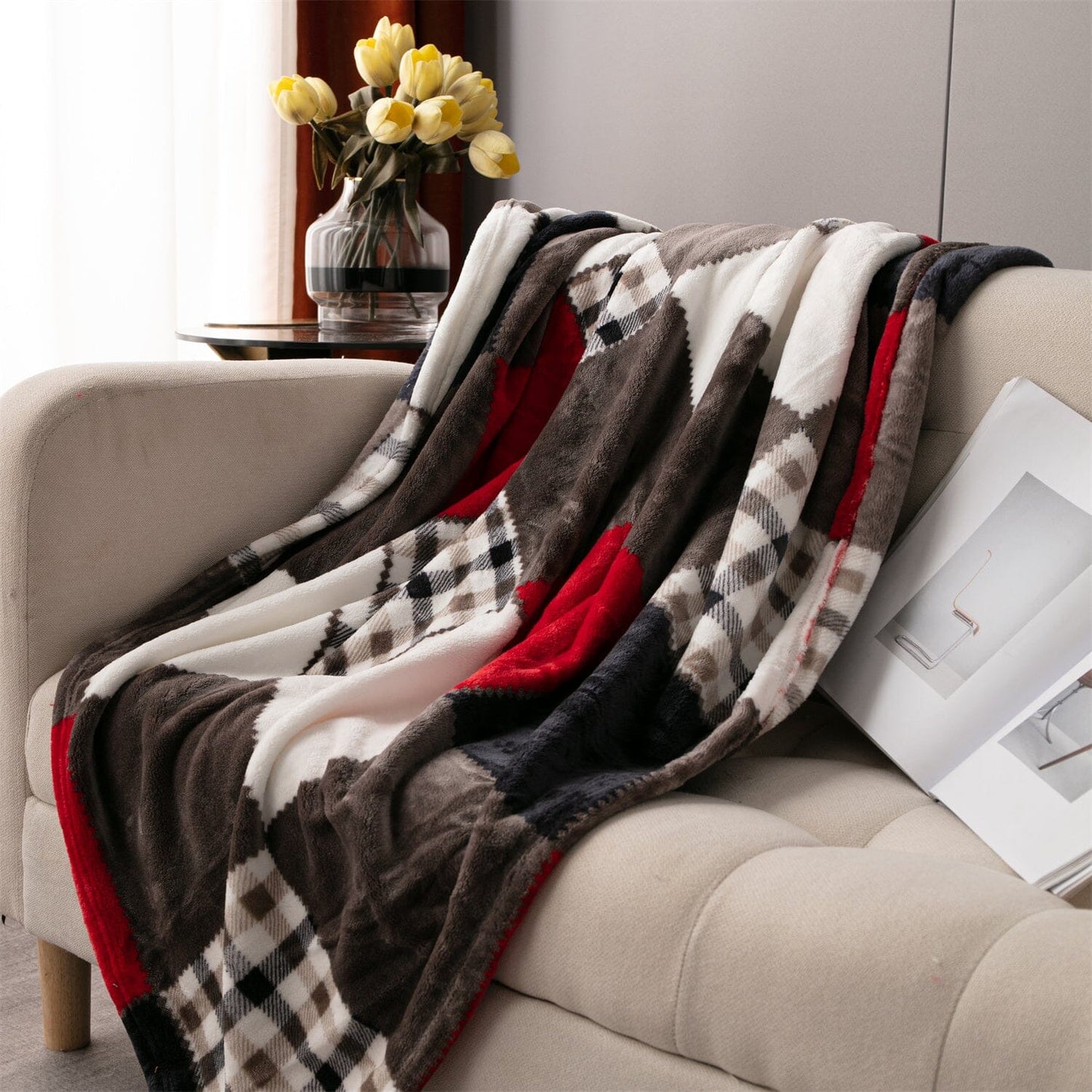 Tache Brown Red Sunset Maple Farmhouse Plaid Patchwork Throw Blanket (4025) - - Blanket
