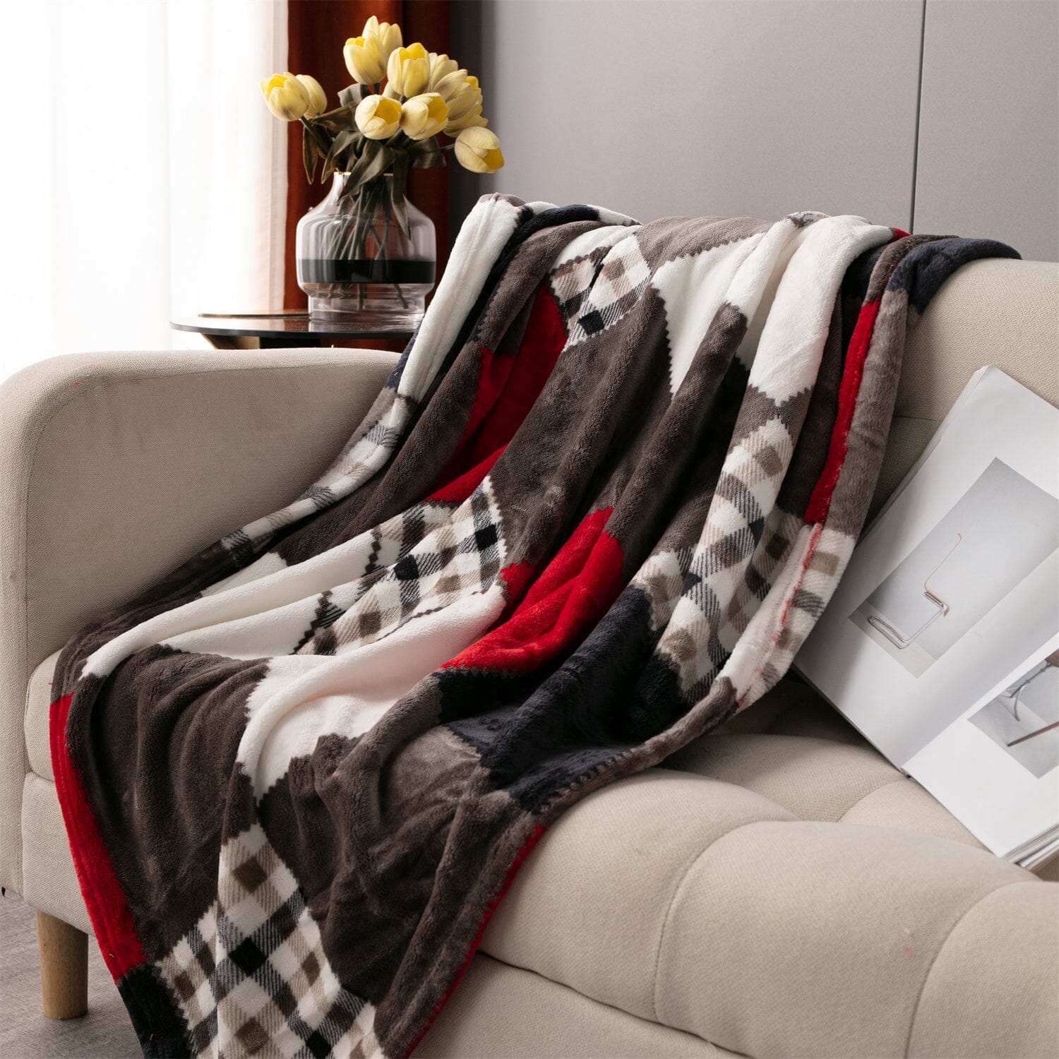 Tache Brown Red Sunset Maple Farmhouse Plaid Patchwork Throw Blanket (4025) - - Blanket