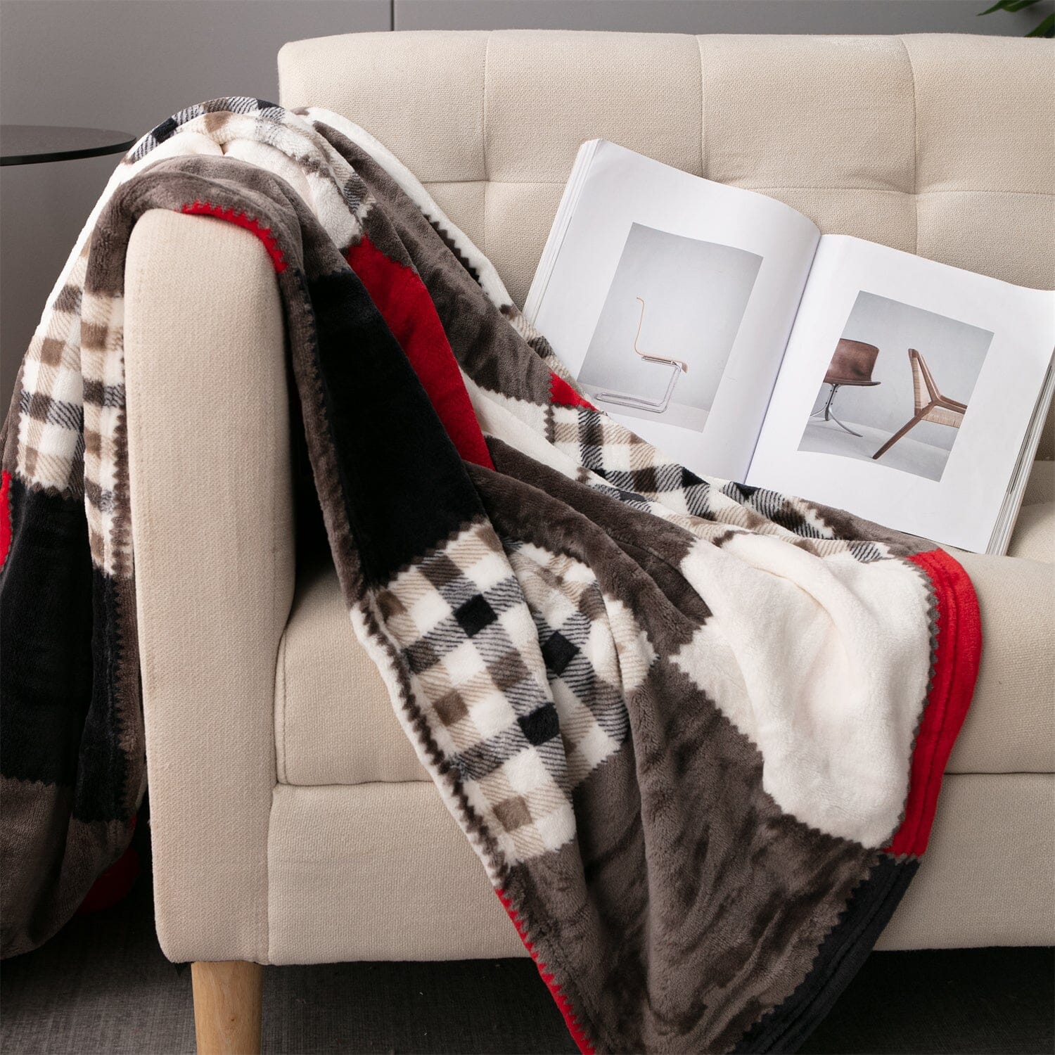 Tache Brown Red Sunset Maple Farmhouse Plaid Patchwork Throw Blanket (4025) - - Blanket