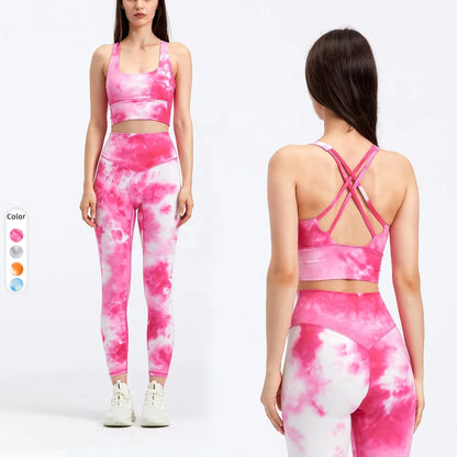 Criss-Cross Back Yoga Legging Set Tie Dye in Rose Red High Waisted Sports Wear