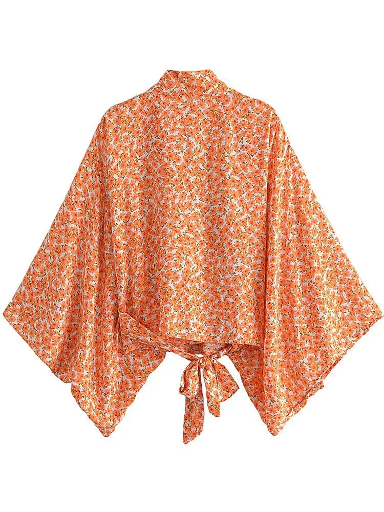 Kimono Shirt Floral Batwing Sleeves