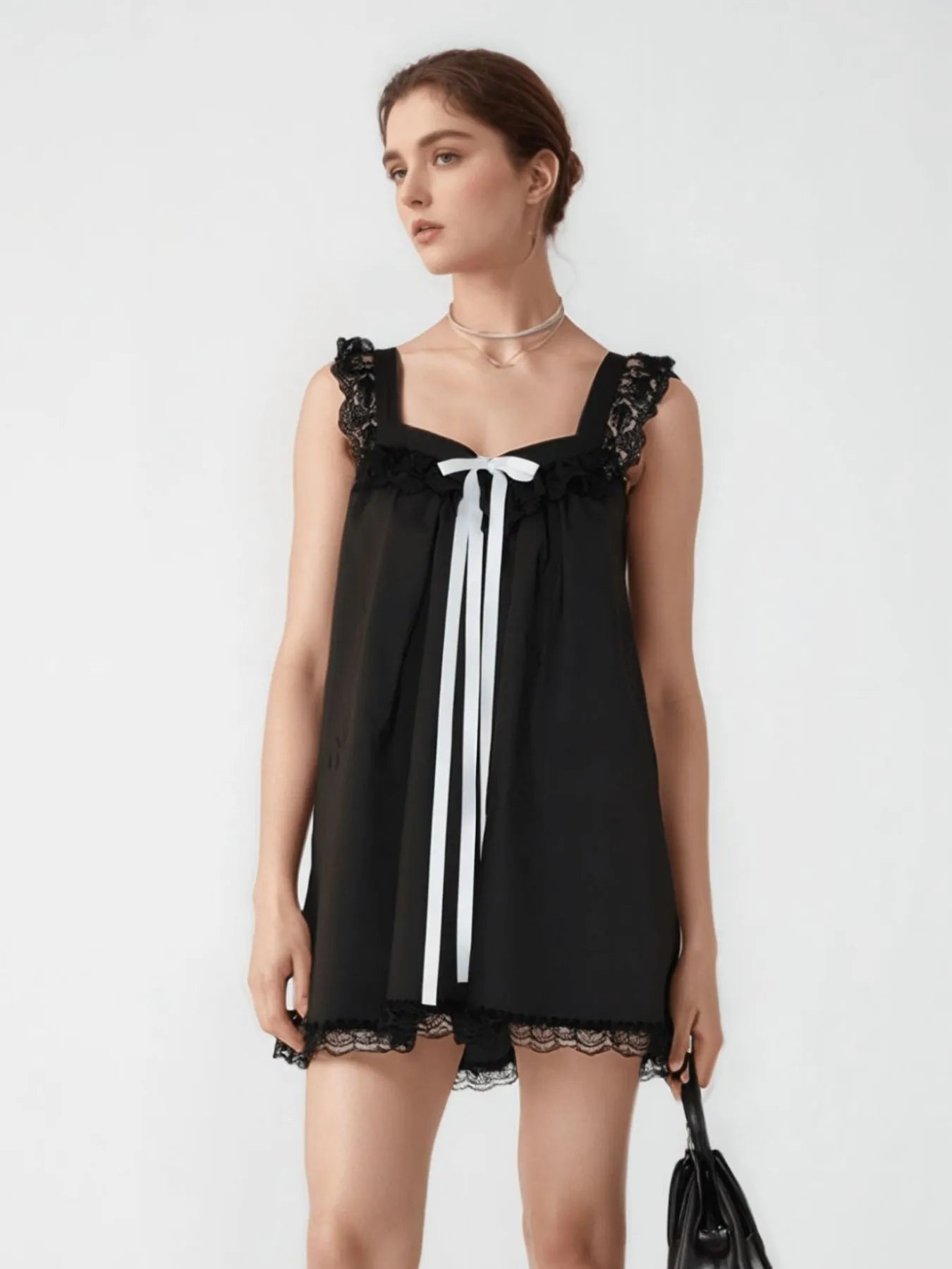 Lace Detail Bow Sleeveless Mini Cami Dress - Black -