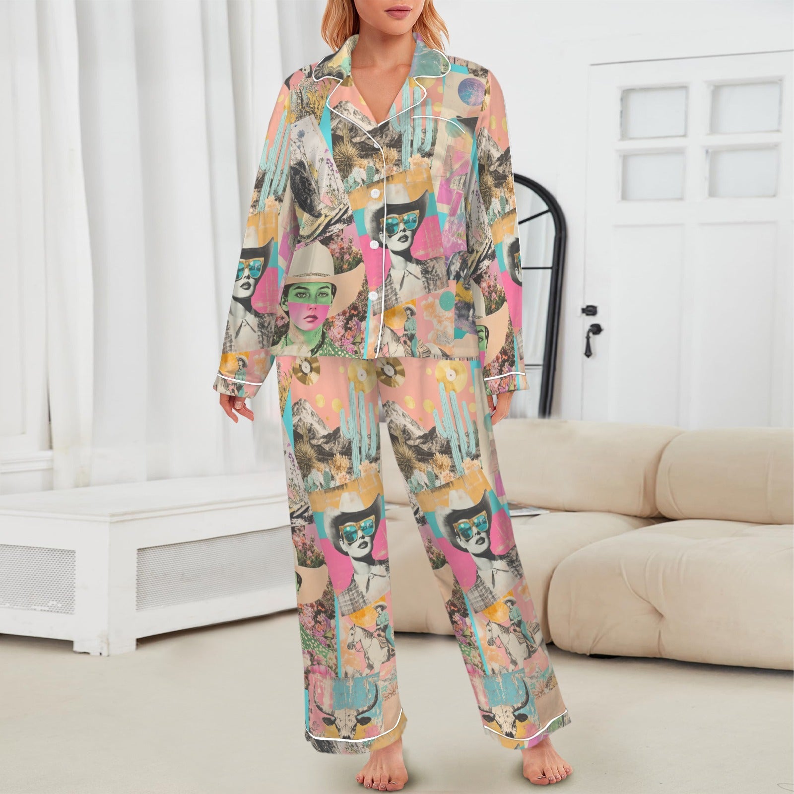 Baha Ranch Pop Western Collage Cowgirl Satin Pajamas - - Pajama Sets
