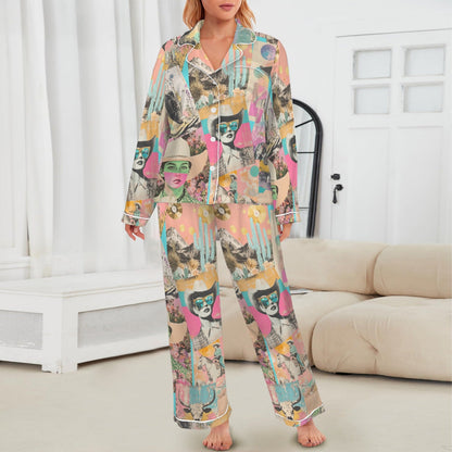 Baha Ranch Pop Western Collage Cowgirl Satin Pajamas - - Pajama Sets