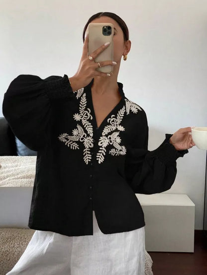 Embroidered Notched Long Sleeve Blouse - -