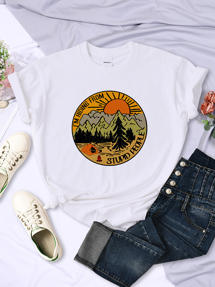 I'm Hiding From Stupid People Camping Scenery Women's Tops Hip-hop Fashion Street See size chart under “more details” - White - Tops