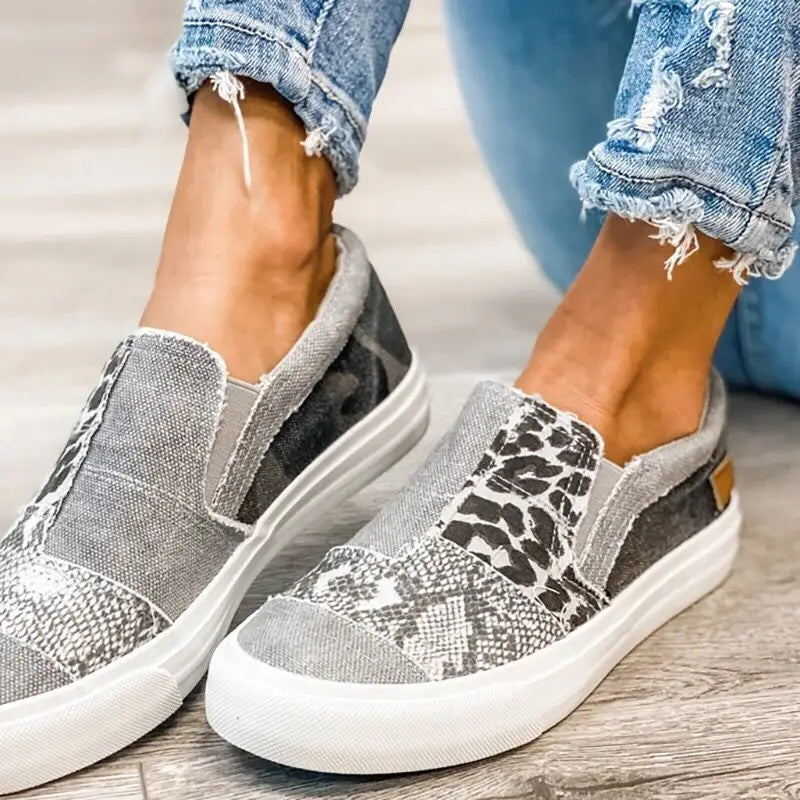 Ladies Casual Leopard PU Canvas Flat Shoes