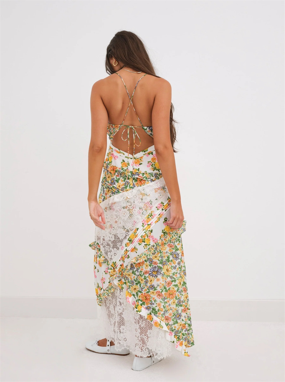 Womens Printed Halter Patchwork Hem Long Dresses - - dress