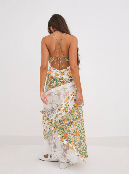 Womens Printed Halter Patchwork Hem Long Dresses - - dress