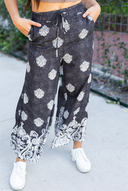Black Bohemian Printed Drawstring Waist Wide Leg Pants - - Bottoms/Pants & Culotte