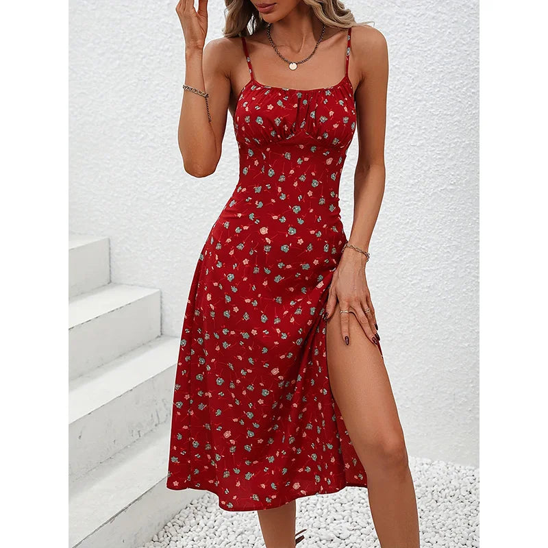 Floral Print Spaghetti Straps Dresses Summer Dress Square Neck Slit Dress