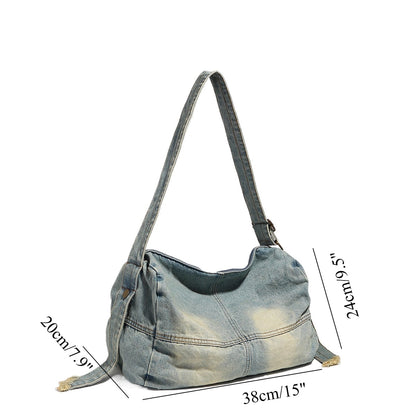 Washed old denim hobo bag, large capacity hobo shoulder bag, sweet cool babes shoulder Retro denim shoulder bag - -