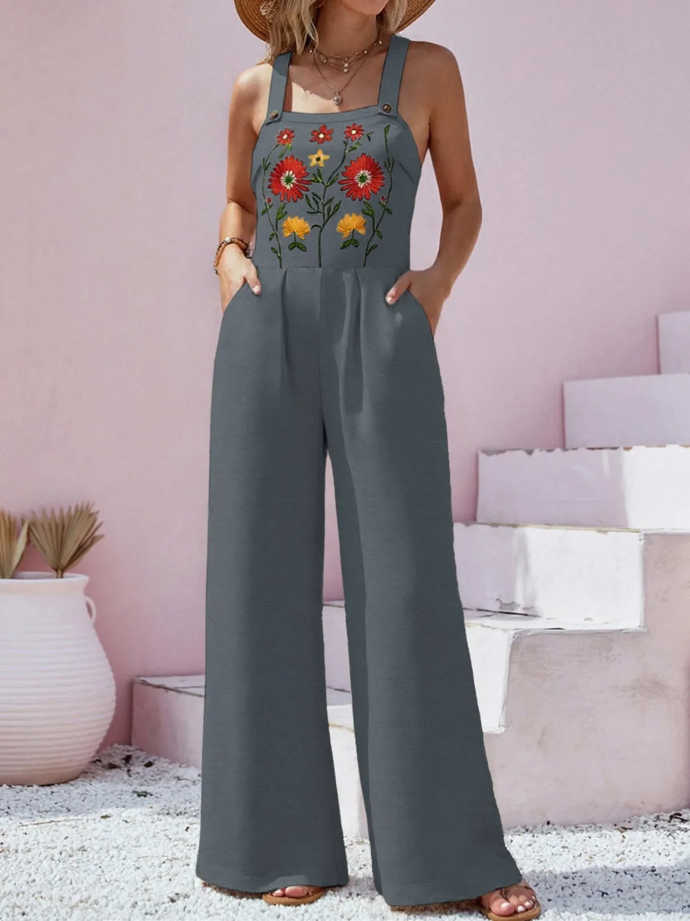 Floral Embroidered Wide Leg Jumpsuit - Dark Gray -