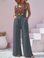 Floral Embroidered Wide Leg Jumpsuit - Dark Gray -