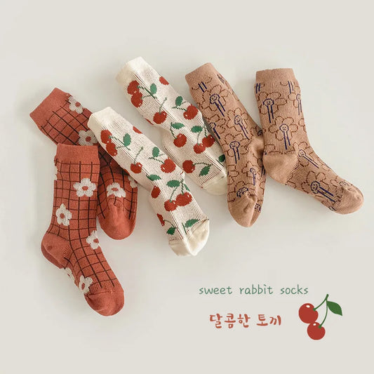 Cherry Flower Socks Kids Calf Length Double Woven Cotton Socks