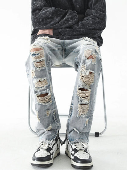 Men's Washed Distressed Straight Jeans - -