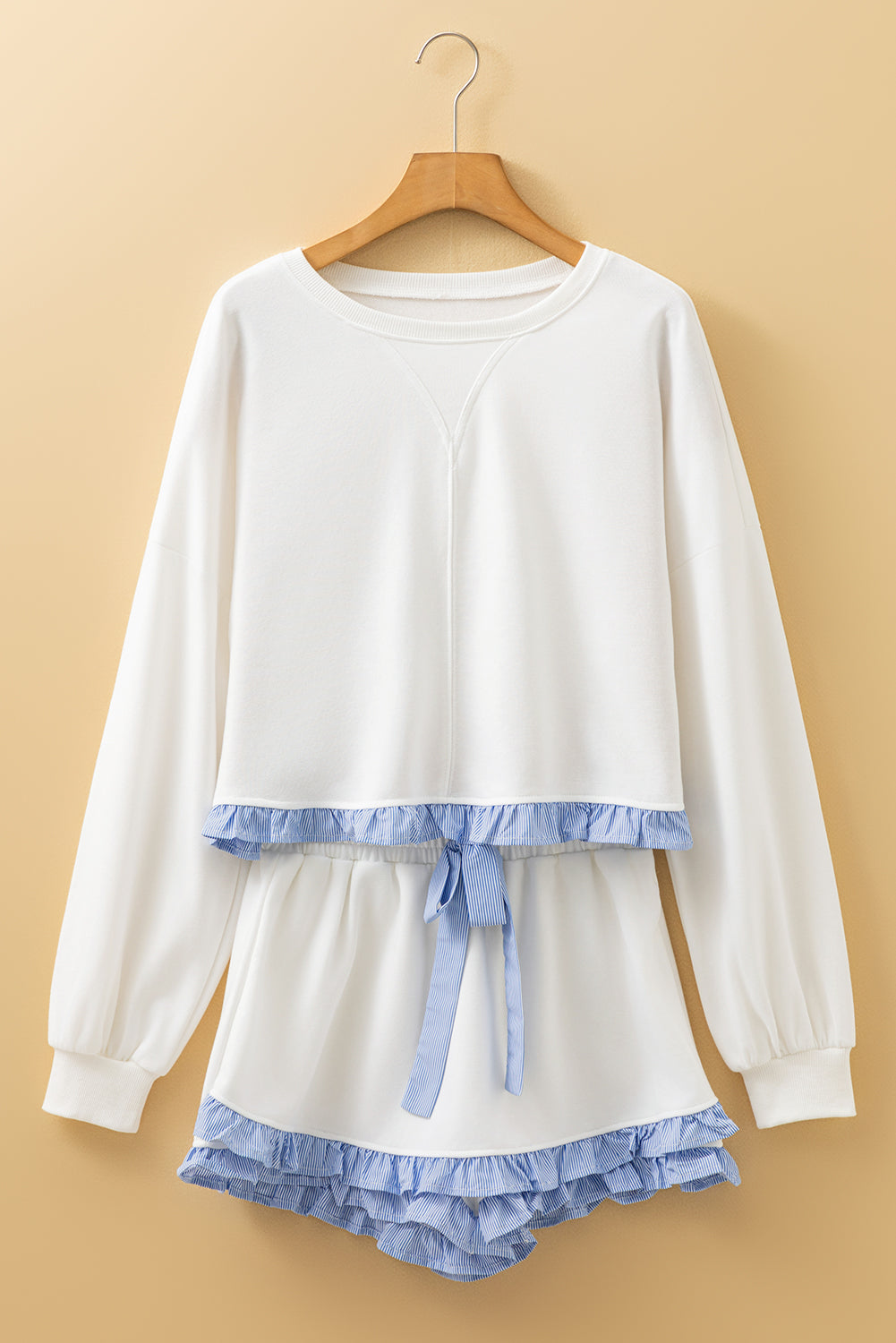 Yellow Cream Plaid Ruffled Patchwork Drop Shoulder Pullover and Drawstring Elastic Waist Shorts Matching Set- Wild and Free Boutique- {{Product type}}