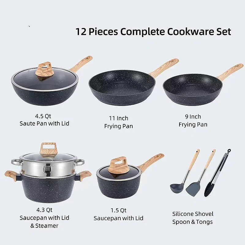 12PCS White Black Nonstick Medical Stone Wooden Handle Granite Cookware Set