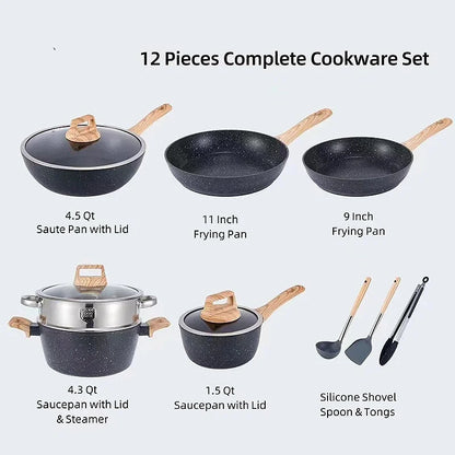 12PCS White Black Nonstick Medical Stone Wooden Handle Granite Cookware Set Black