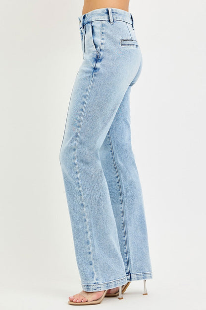 RISEN Tummy Control High Rise Straight Pin Tuck Jeans - - jeans