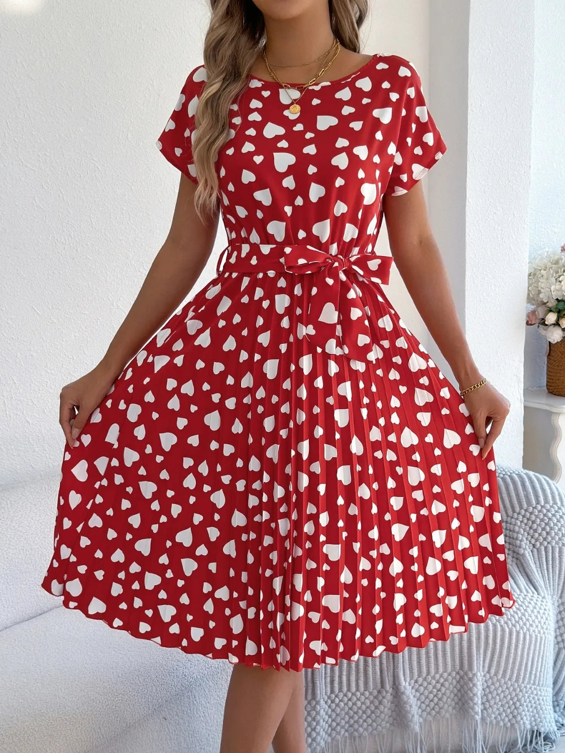 Heart Print Short Sleeve Tie Waist Dress - -