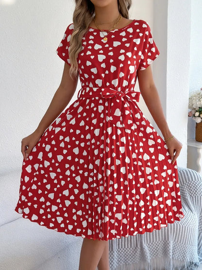Heart Print Short Sleeve Tie Waist Dress - -