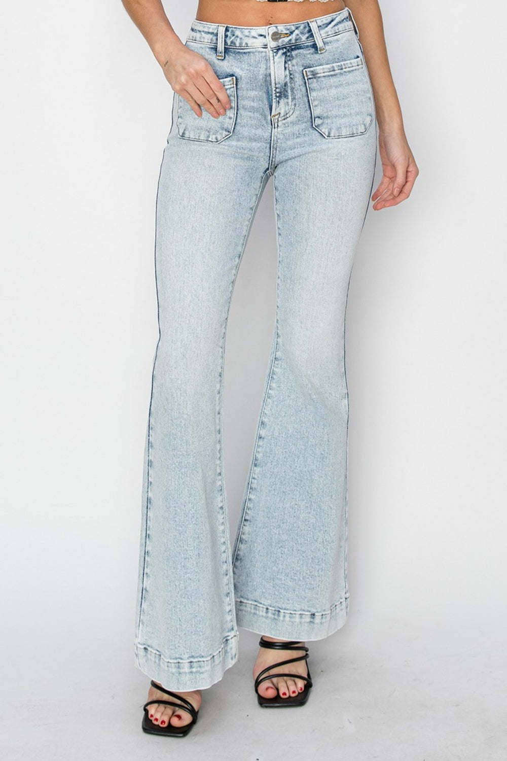 Risen Patch Pocket Flared Leg Light Blue Washed Denim Jeans - Light Blue Wash - jeans