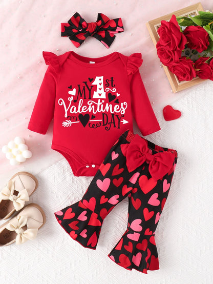 Children's Ruffled Bodysuit and Pants Set with Headband - Deep Red -