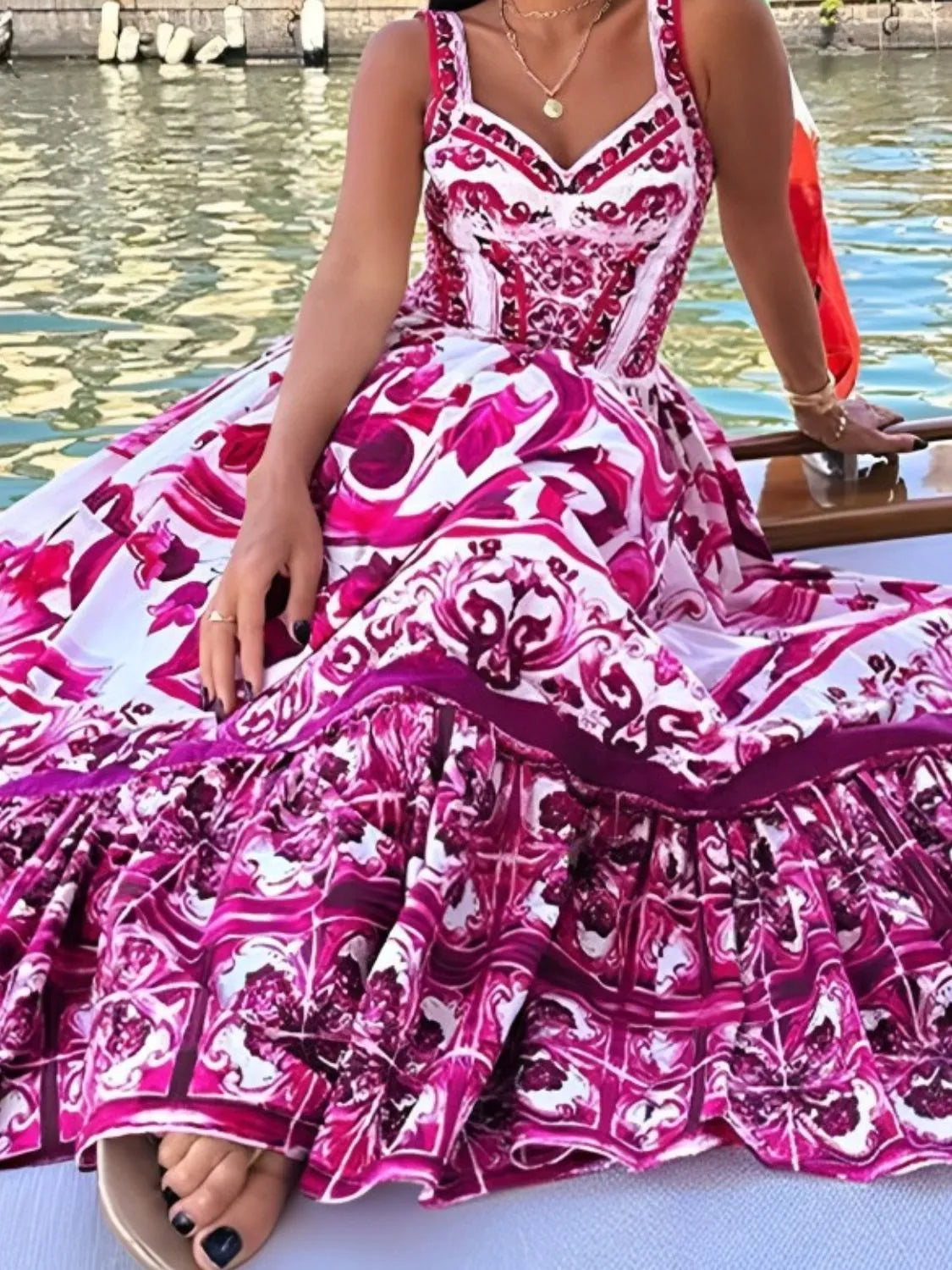 Smocked Printed Wide Strap Dress - -
