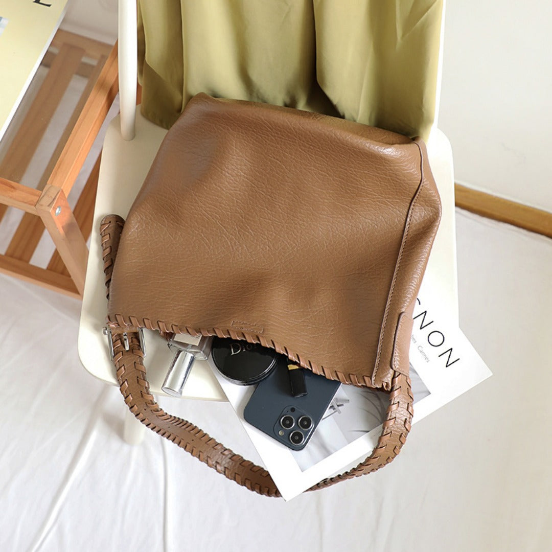 Elegant Woven Shoulder Strap Bucket Bag for Female - Versatile Texture Soft PU Retro Casual Tote - -