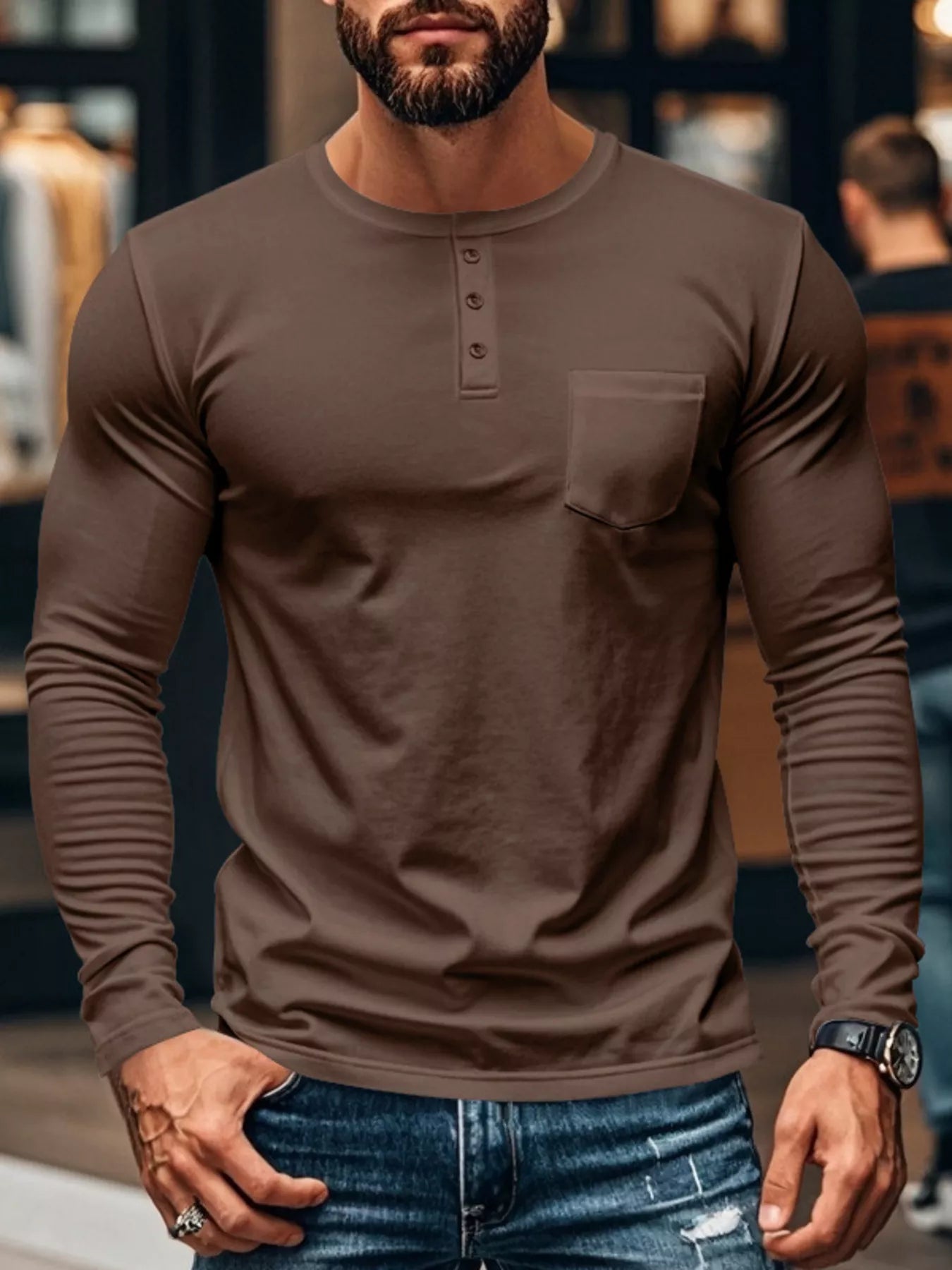 Men's Plus Size Casual Long Sleeve Henley T-Shirt with Pocket - Brown -