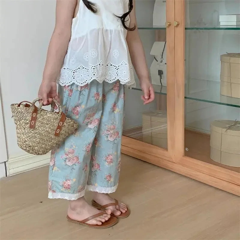 Floral Pants with Cotton Lace Cropped Pants