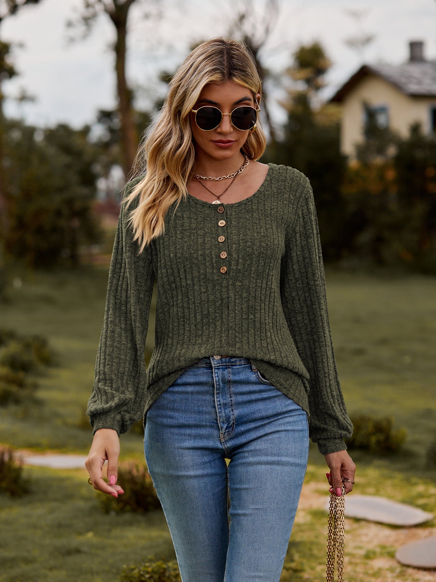 Round Neck Button-Down Long Sleeve Tee - -