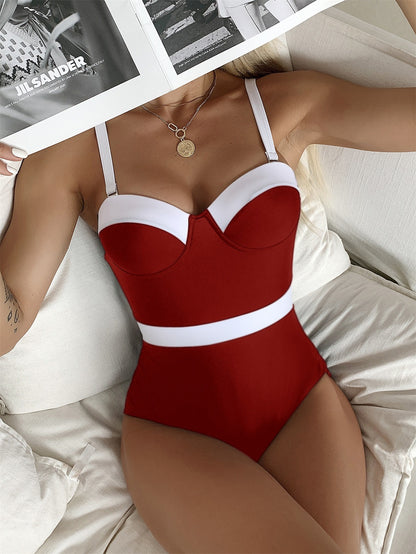 Color-Block Bikini One Piece Red