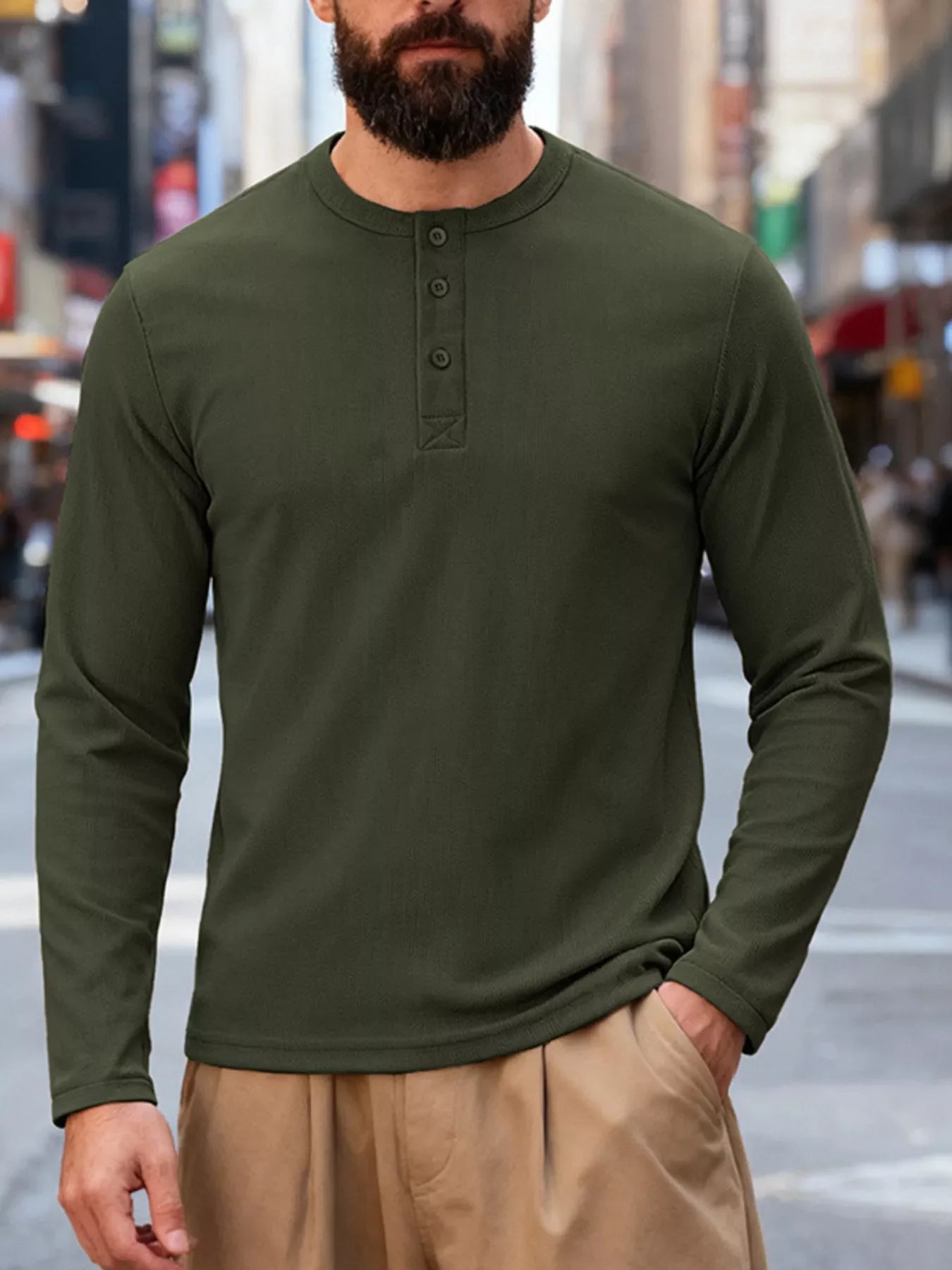 Men's Full Size Casual Long Sleeve Henley T-Shirt Plus Size - Army Green -