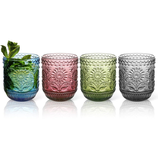 Topsky Vintage Drinking Glass Set of 412 oz Embossed Floral Drinkware SetColorful Drinking Glasses Cups Wine Glasses Colored Glassware for WhiskyBeerJuiceCocktailHeavy Duty