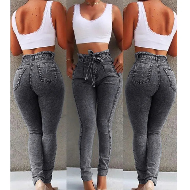 Denim Jeans Solid Color High Waist Long Pencil Pants Slim Jeans