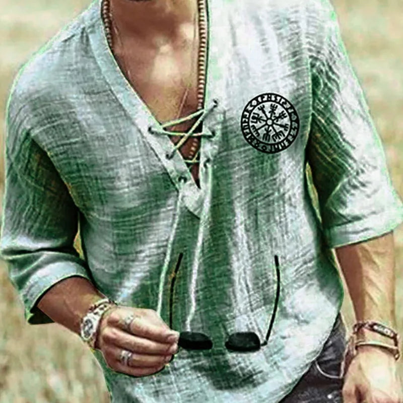 Men's Tee Shirt Solid Tops Pullover v Neck Lace-Up Loose Top Casual Half Sleeve