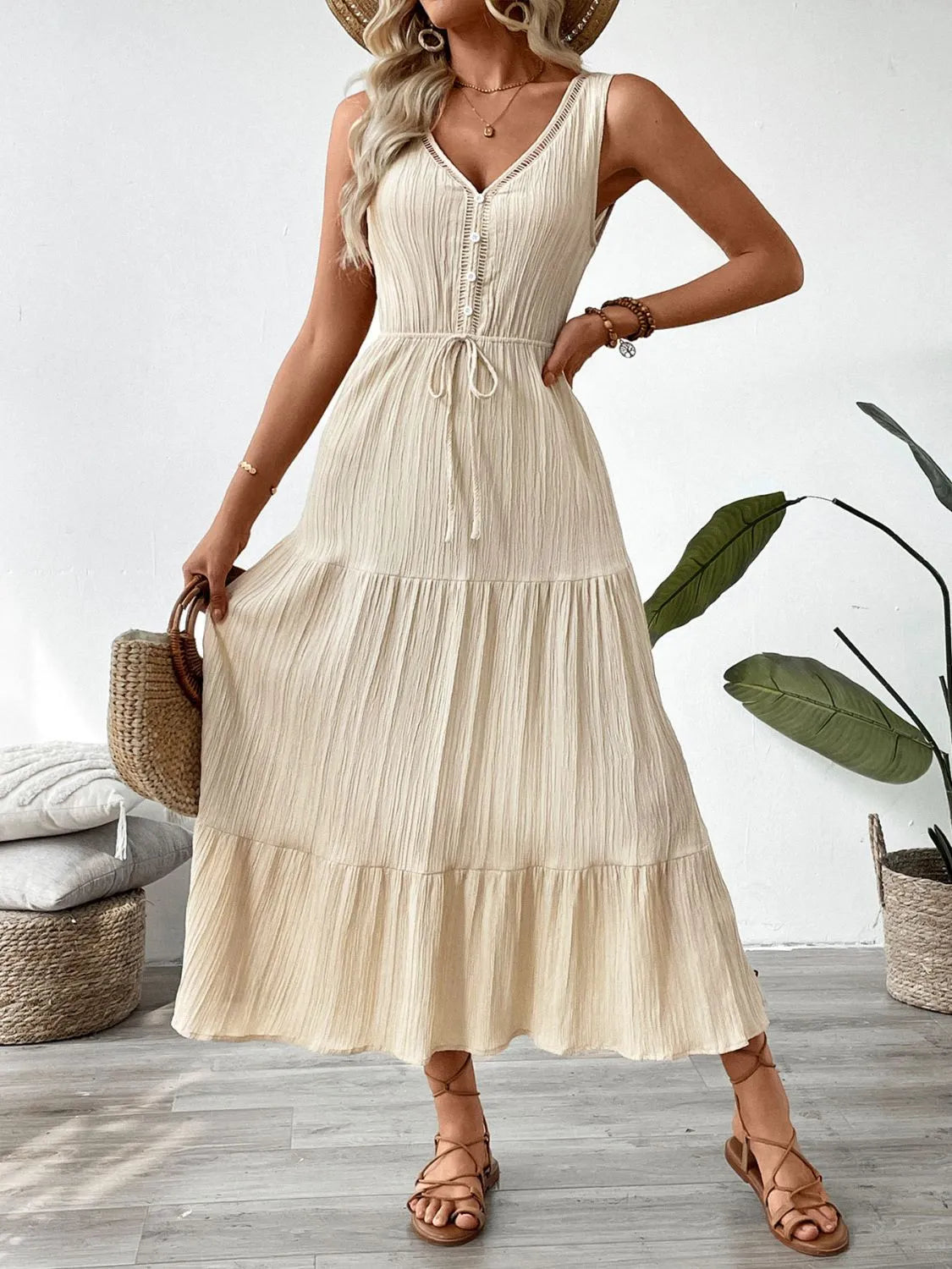 Decorative Button V-Neck Sleeveless Midi Tank Dress - Tan -