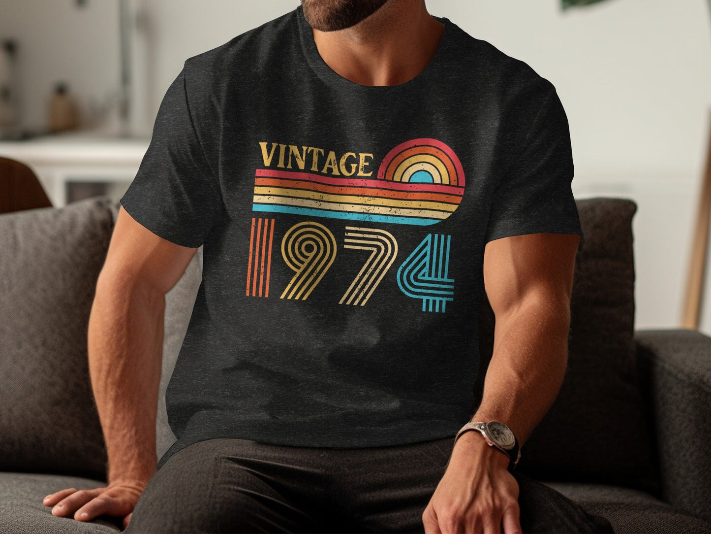 Vintage 1974 Retro Rainbow Distressed Design T-Shirt- Cloud 16 Clothing Co.- {{Product type}}