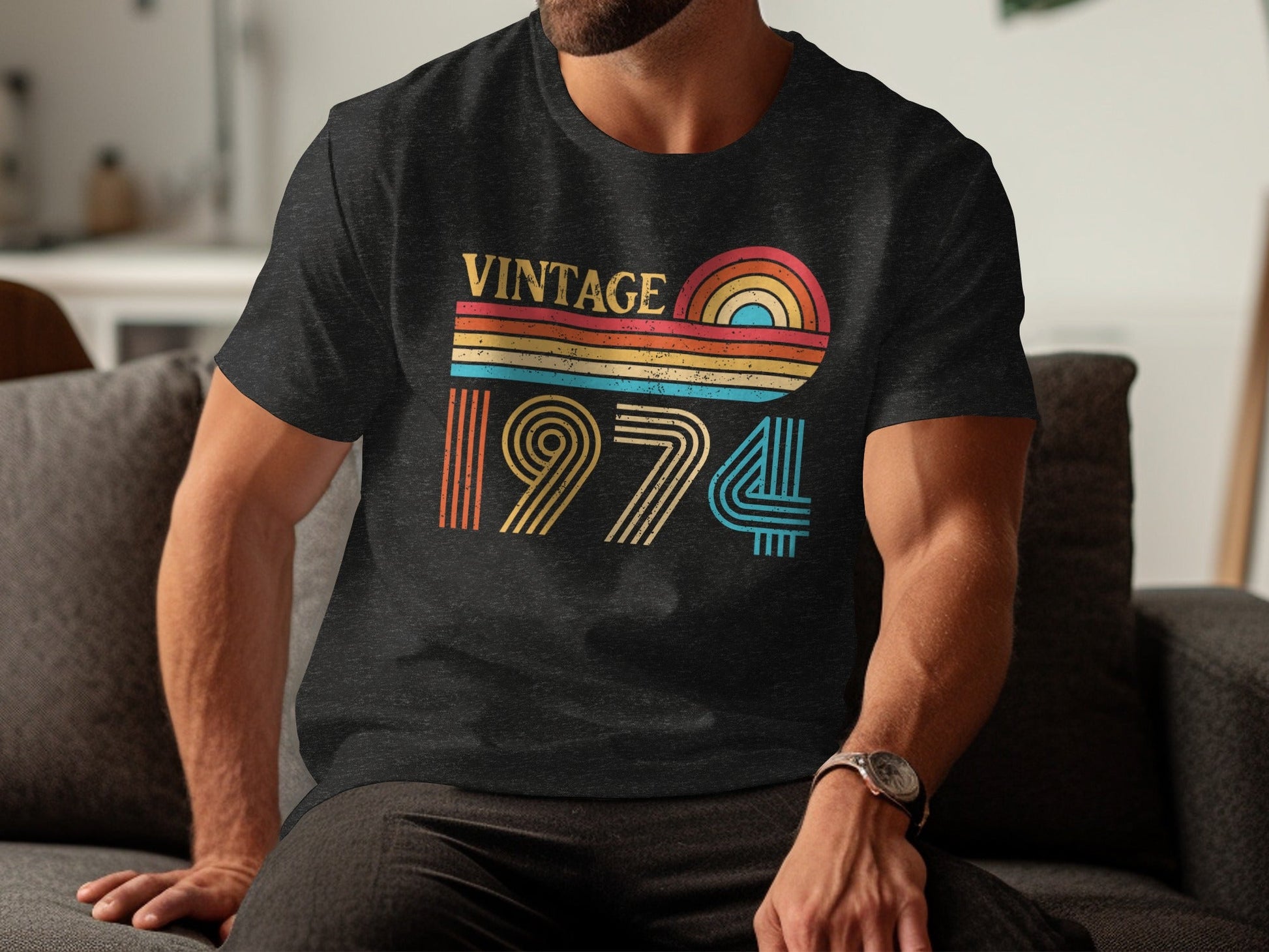 Vintage 1974 Retro Rainbow Distressed Design T-Shirt- Cloud 16 Clothing Co.- {{Product type}}