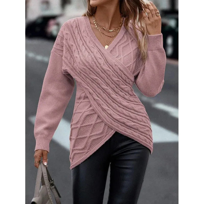 Women's V-Neck Long Sleeve Overlap Braided Sweater Solid Color Knitted Sweater