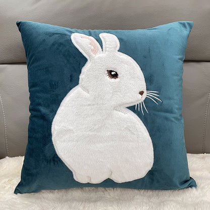 Soft Rabbit Pillow Cover Sofa Cushion Velvet Embroidered Pillow Girl's Heart Pink Cartoon Pillow Cover Cute - 45x45cm(Pillowcase) Dark Green Rabbit -