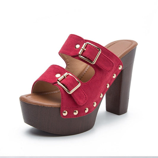 platform sandals square heel women high heel shoes ankle strap rivet mules shoes sandals - red -