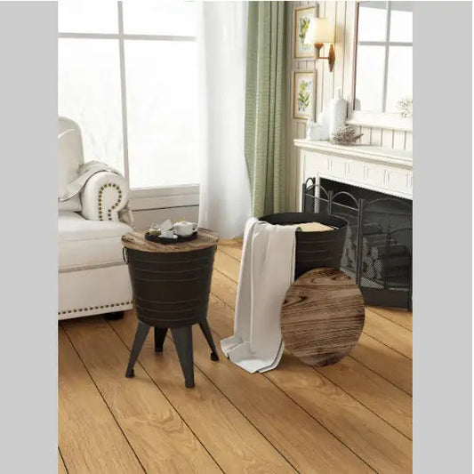 Set Of 2 Distressed Wood Top Metal Accent Tables - Black - table