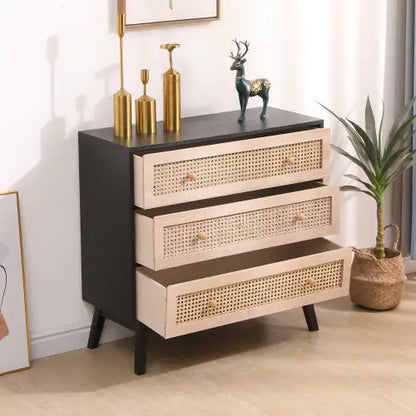 Black Panel 3-Drawer Rattan Storage Cabinet - Kia Day Design