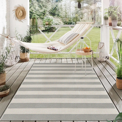 Grey and White Large Reversible Striped Rug 4x6 ft Outdoor Washable Cotton Woven Rug - Kia Day Design