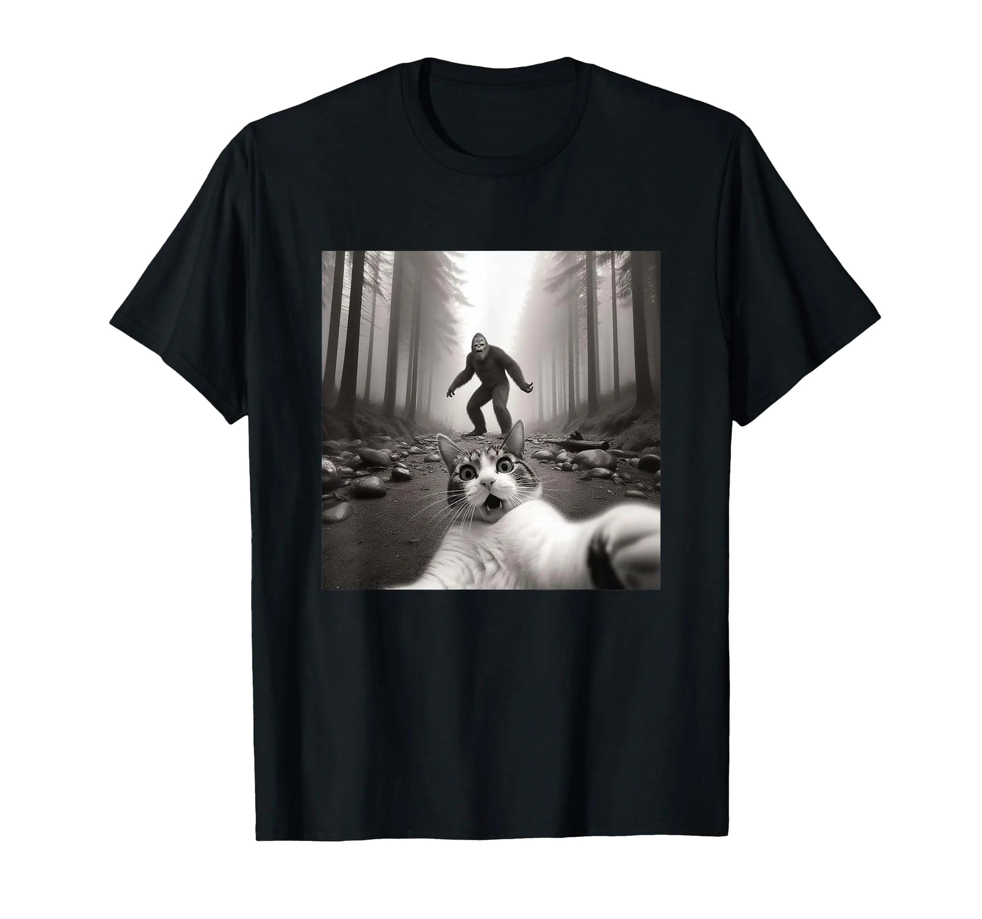 Selfie Cat With Sasquatch Bigfoot T-Shirt - - shirt