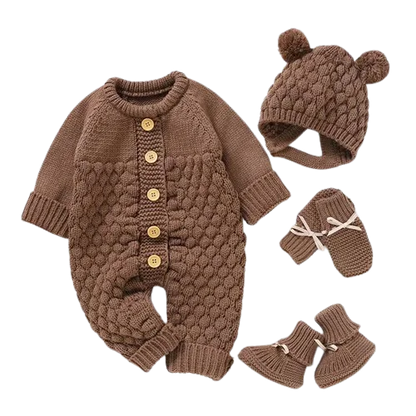 Baby Knit Set - Romper, Beanie, Mittens & Booties BROWN