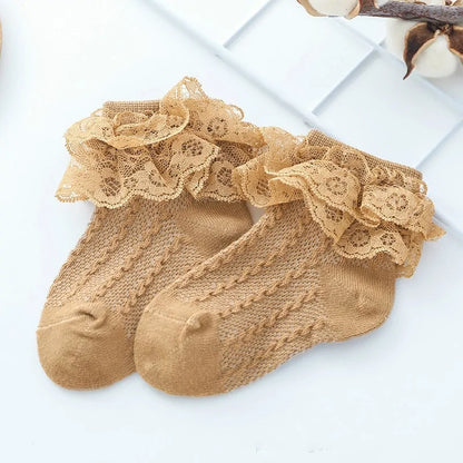 Girls Breathable Ruffled Lace Socks Brown 1-2Y